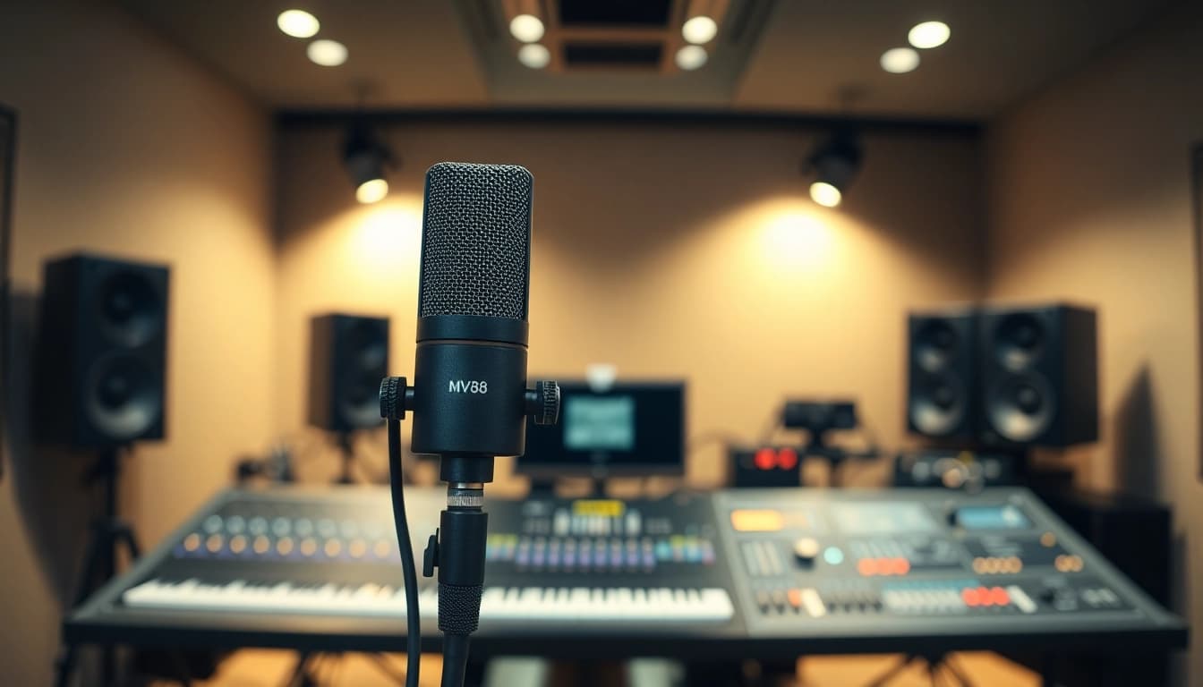MV88 microphone showcased in a contemporary studio setting, highlighting its professional audio recording capabilities.