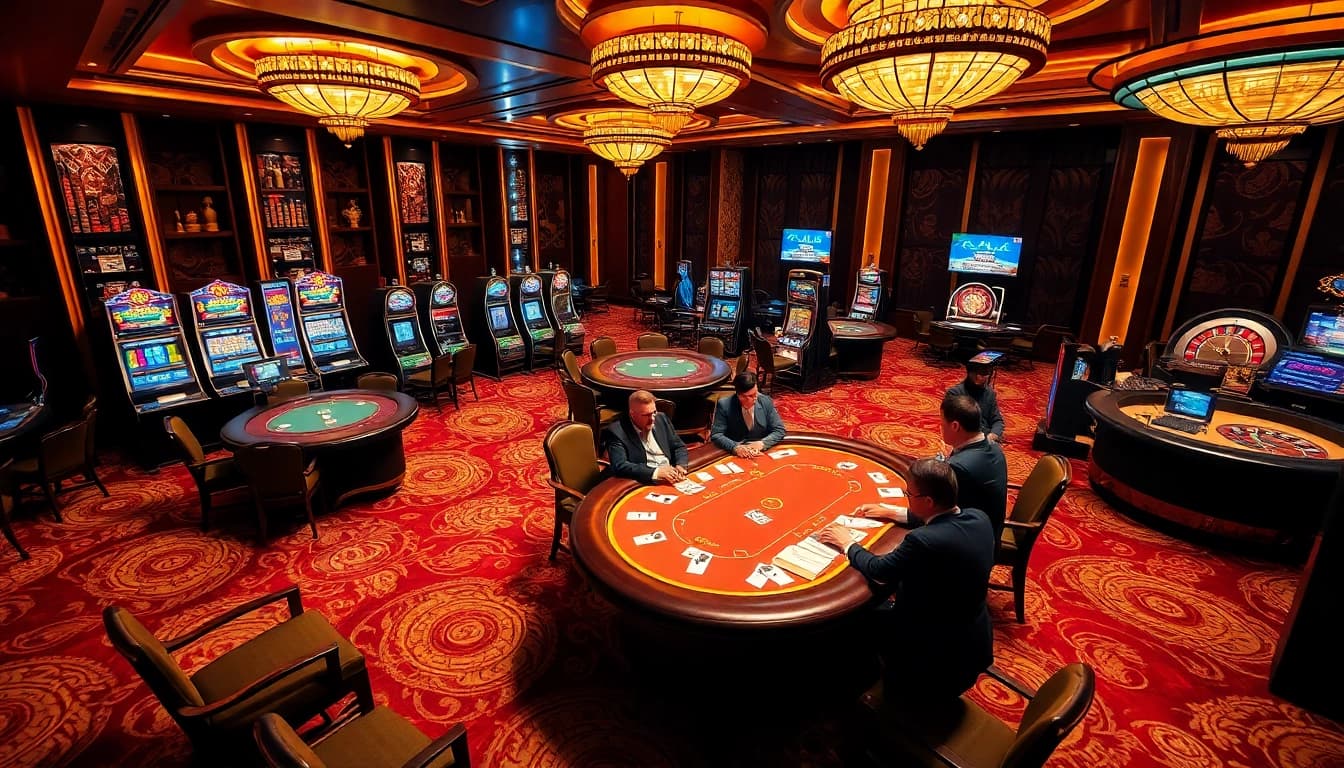 Vivez l'excitation dans un casino en ligne de luxe avec des tables de jeux vibrantes et des joueurs concentrés.