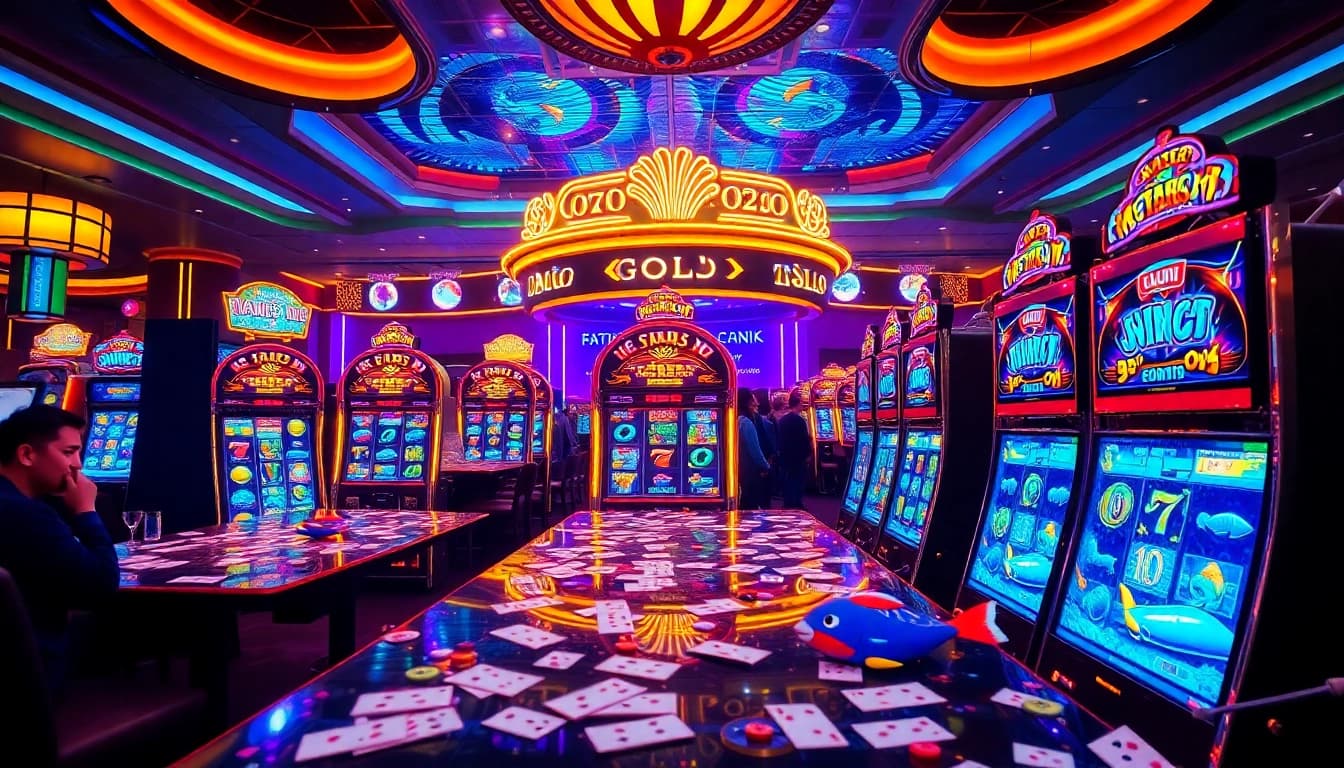 Bắn cá nổ hũ fishing game-themed slot machines in a vibrant casino setting with exciting players.