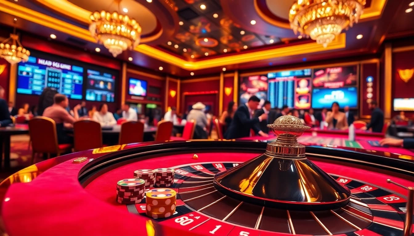 Excited players engaging with games at rr88 com, vibrant casino atmosphere and luxury.