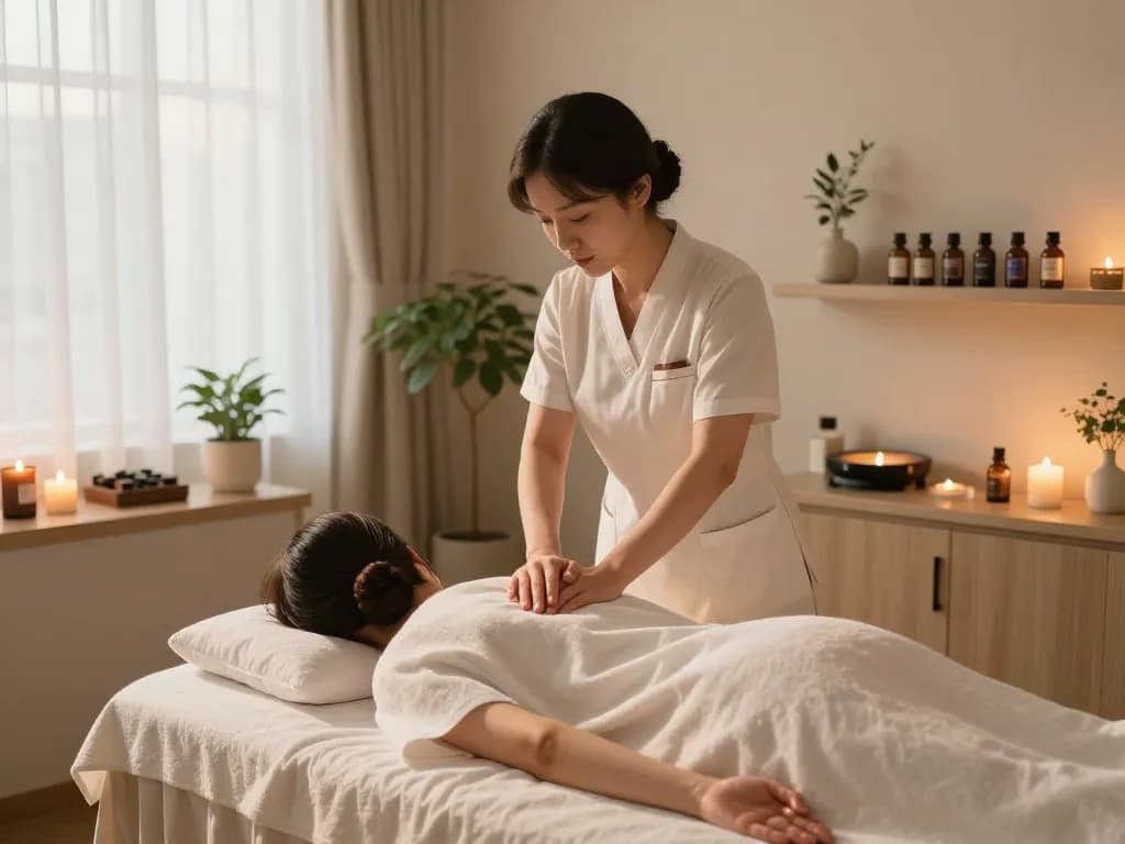 Indulging in 동대문스웨디시 massage therapy in a serene spa environment with warm light and calming decor.