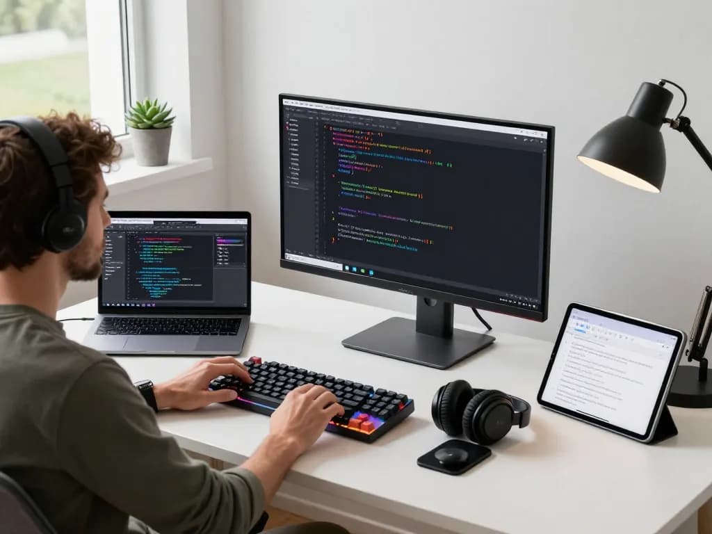 Developer coding with Moltbot AI on a Mac in a modern home office.