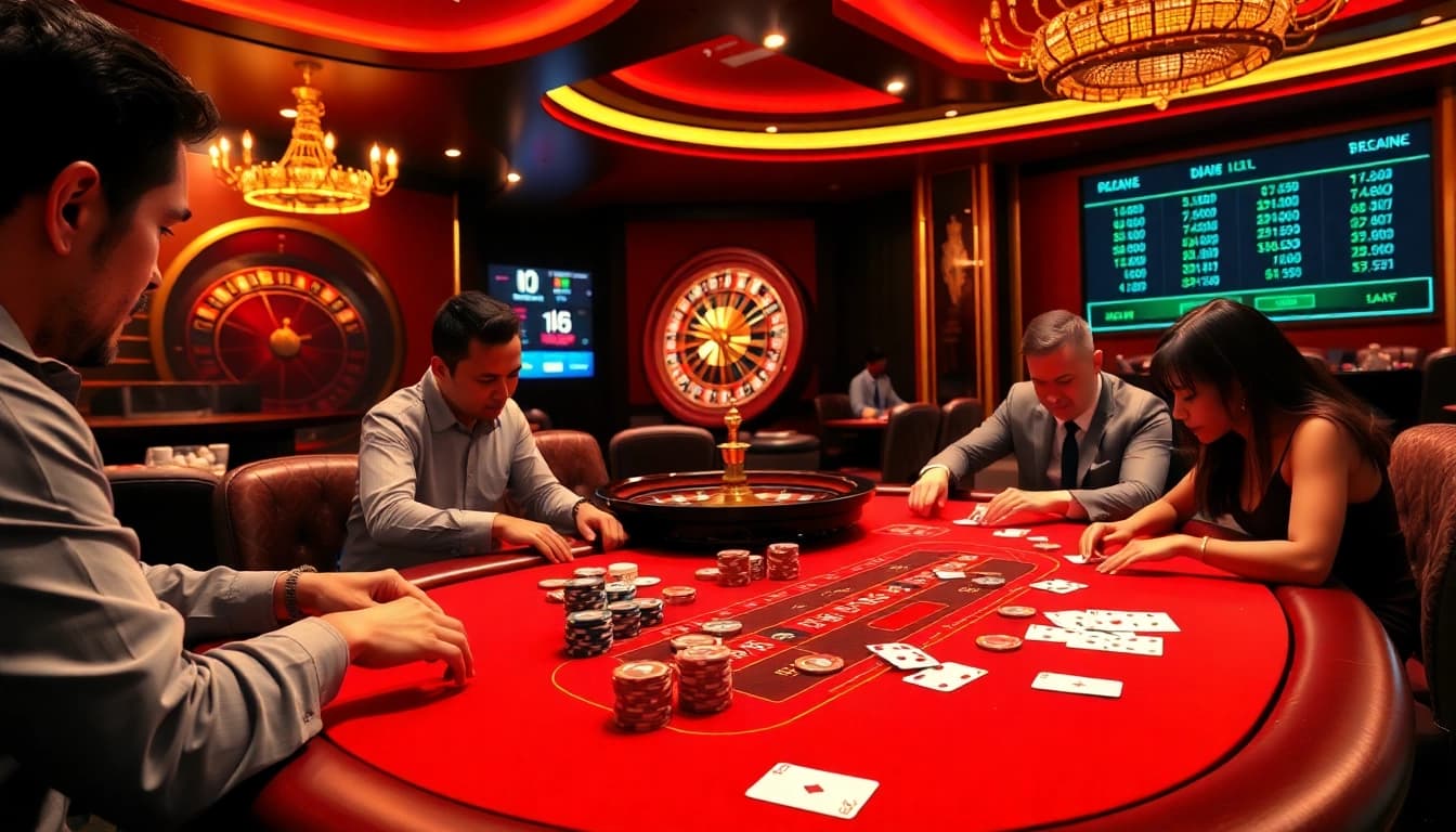 Players strategizing at a BJ38 online gambling table amidst lively casino ambiance.
