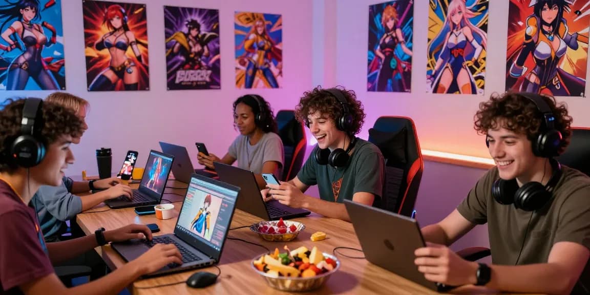 Diverse gamers enjoying a hentai game together, surrounded by vibrant artwork and gaming devices.