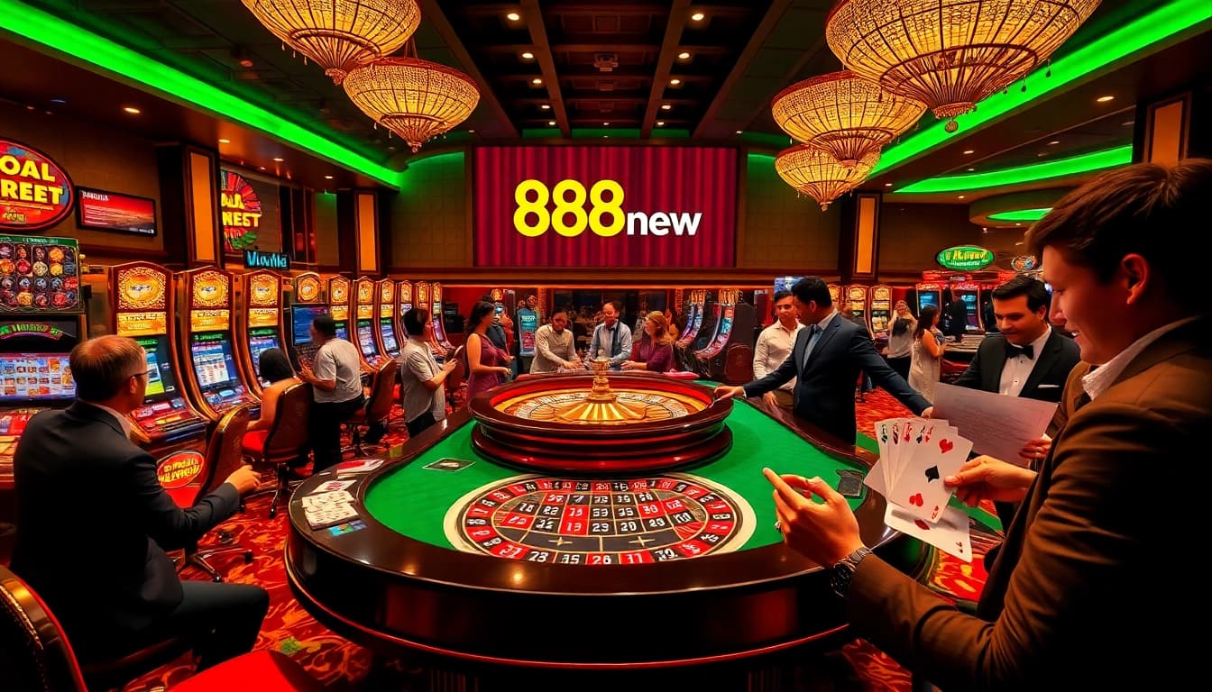 Players enjoying high-stakes action at 888new casino with roulette and slot machines.