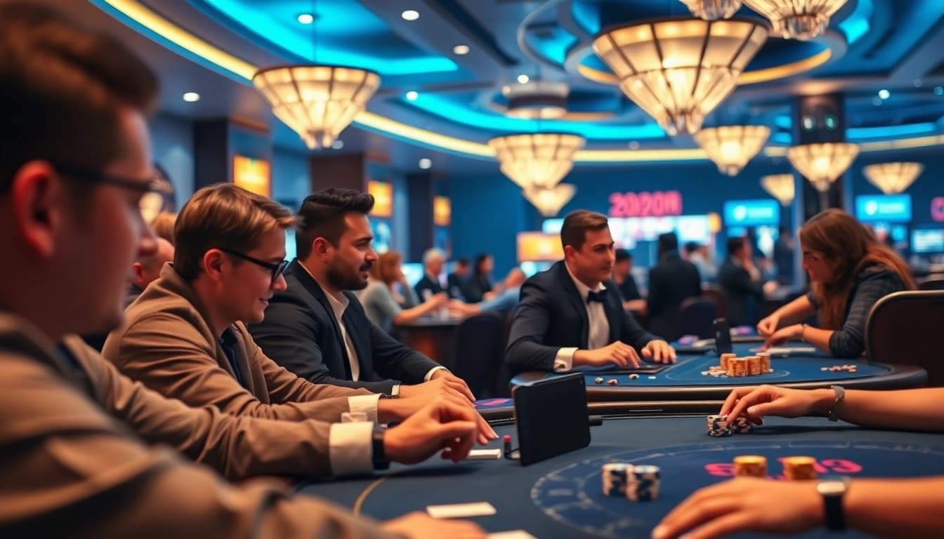 Experience the excitement of 888new gaming with players enjoying a vibrant casino atmosphere, showcasing modern gaming technology.