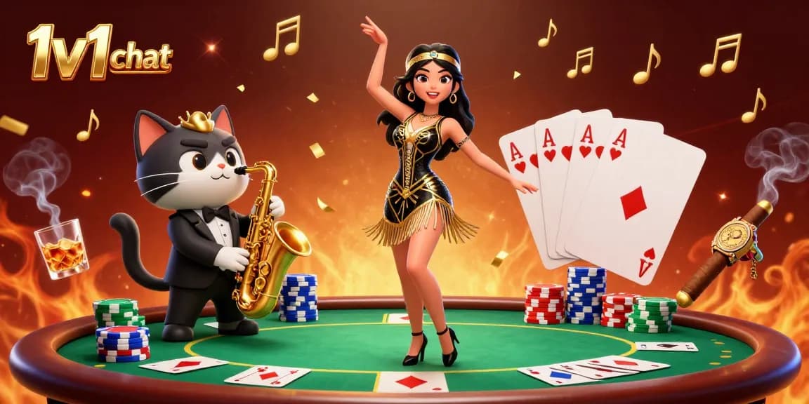 Engage in 1v1 chat amidst vibrant casino elements and colorful poker chips.