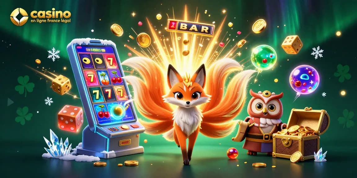 Explorez un casino en ligne légal en France avec une illustration dynamique d'un esprit renard, une chouette sage et des éléments de jeux.