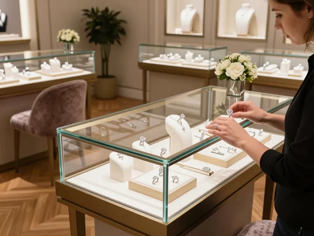 Customer having a peek here at exquisite diamond rings in a luxury jewelry store.