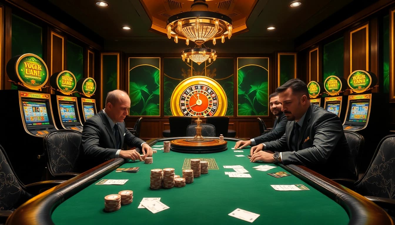 Players enjoying an intense i9bet poker game at an elegant casino table.