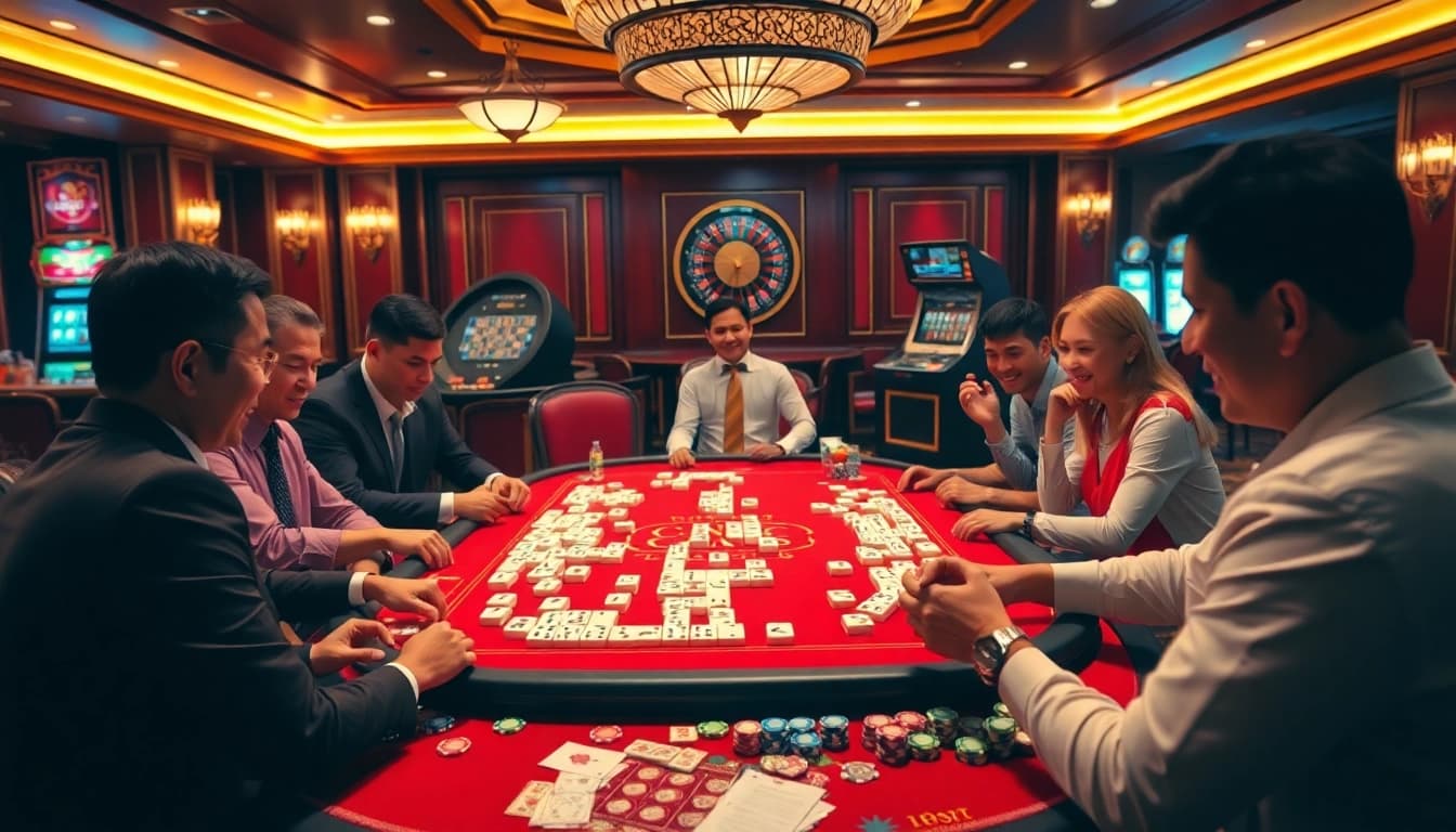 Pemain menikmati Link Mahjong di meja permainan kasino mewah dengan dekorasi yang hidup.