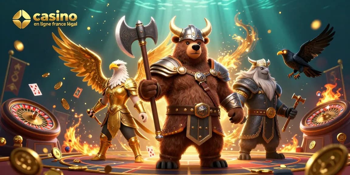 Illustration dynamique sur le thème des jeux d'argent mettant en avant un ours viking et une aigle valkyrie, représentant le casino en ligne légal en France.