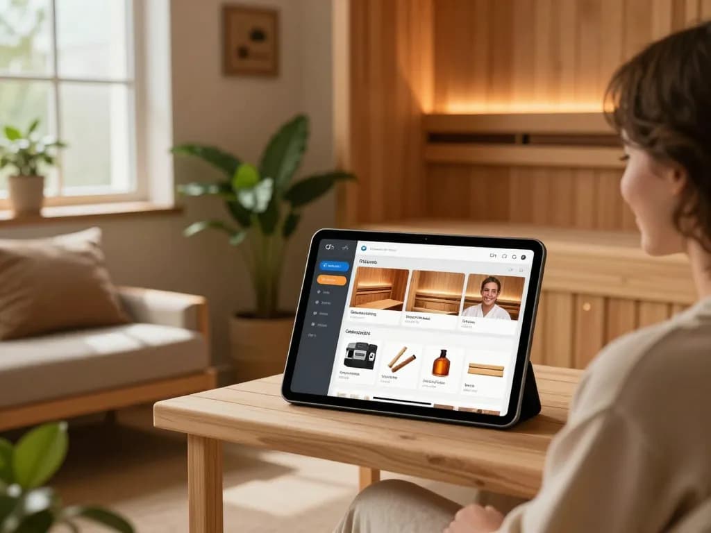 Using the sauna configurator on a tablet in a cozy wellness environment.