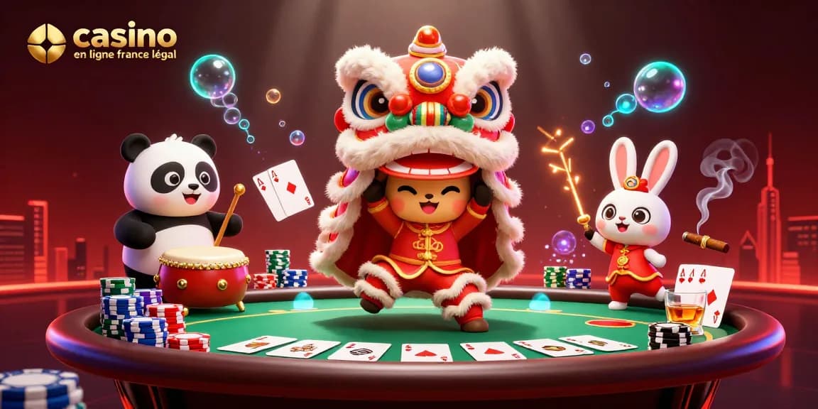 Illustration de casino en ligne légal en France avec danse de lion et éléments de poker dynamiques.