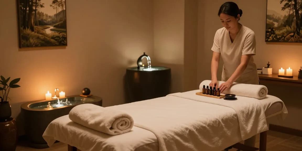 역삼동마사지의 편안한 스파 룸, 아로마 테라피 도구와 편안한 조명으로 힐링 분위기 연출
