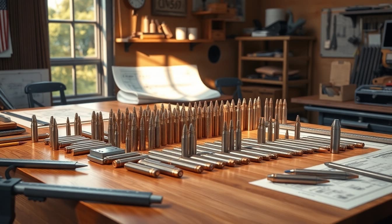 Explore calibers showcased on a polished wooden table in a professional workshop, emphasizing craftsmanship.