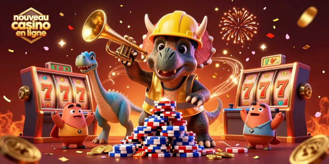 Venez découvrir le nouveau casino en ligne avec une illustration festive de personnages jouant aux machines à sous!