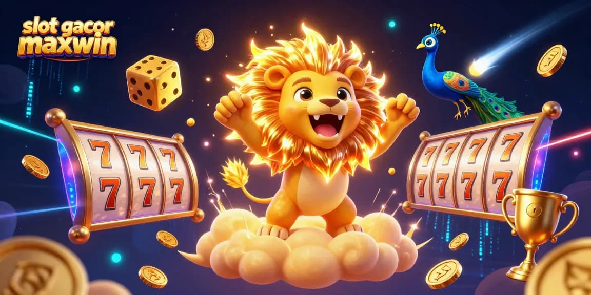 Feel the excitement of slot gacor maxwin with vibrant reels and a majestic lion amidst a festive backdrop.