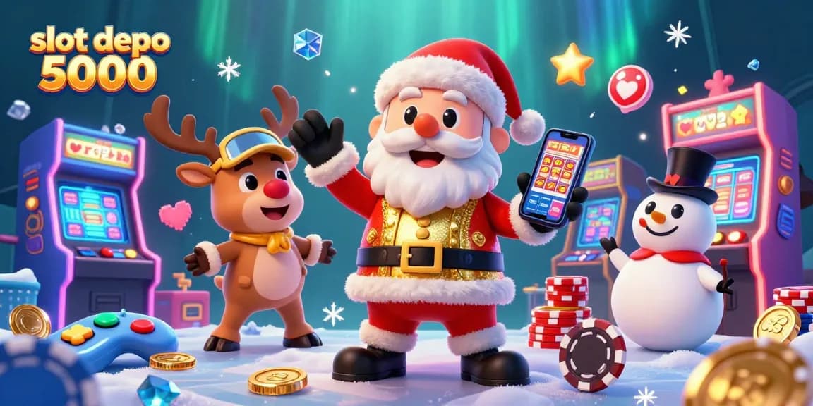 Spin jackpots at slot depo 5000 with Santa and friends in a vibrant casino scene.