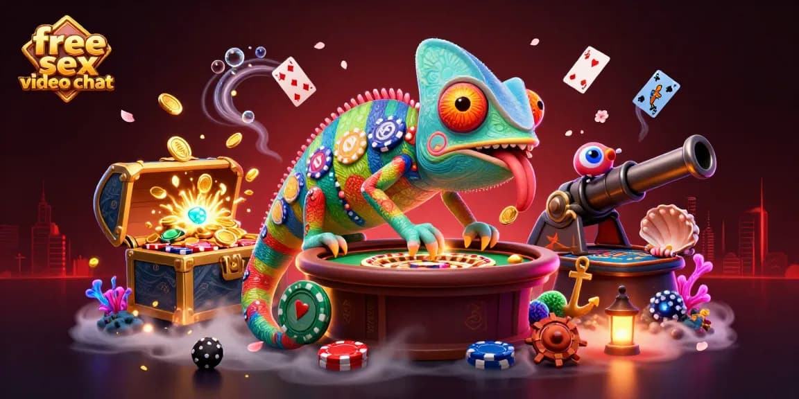 Join the vibrant scene of free sex video chat with a chameleon casino owner watching as gold coins fly around.