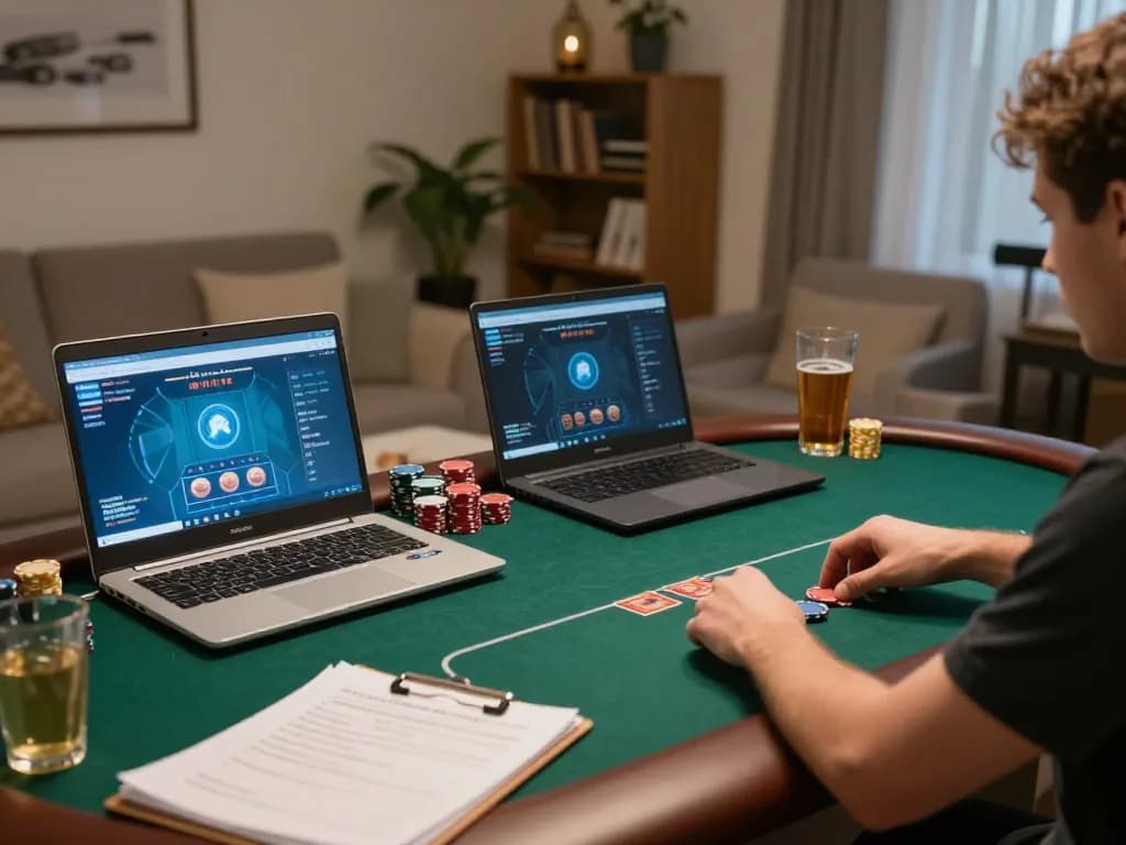 Player strategizing at home while using https://n188.build/ for a poker game with laptop and notes