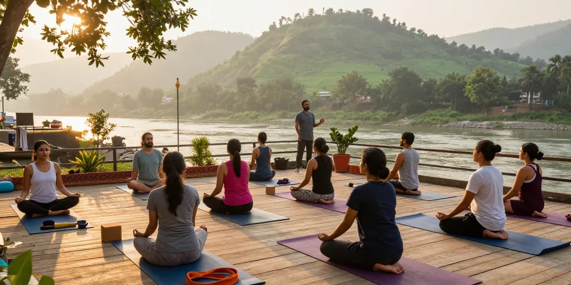Yoga instructor certification india scene with diverse students practicing yoga by the Ganges River at sunrise, embodying tranquility and mindful connection.
