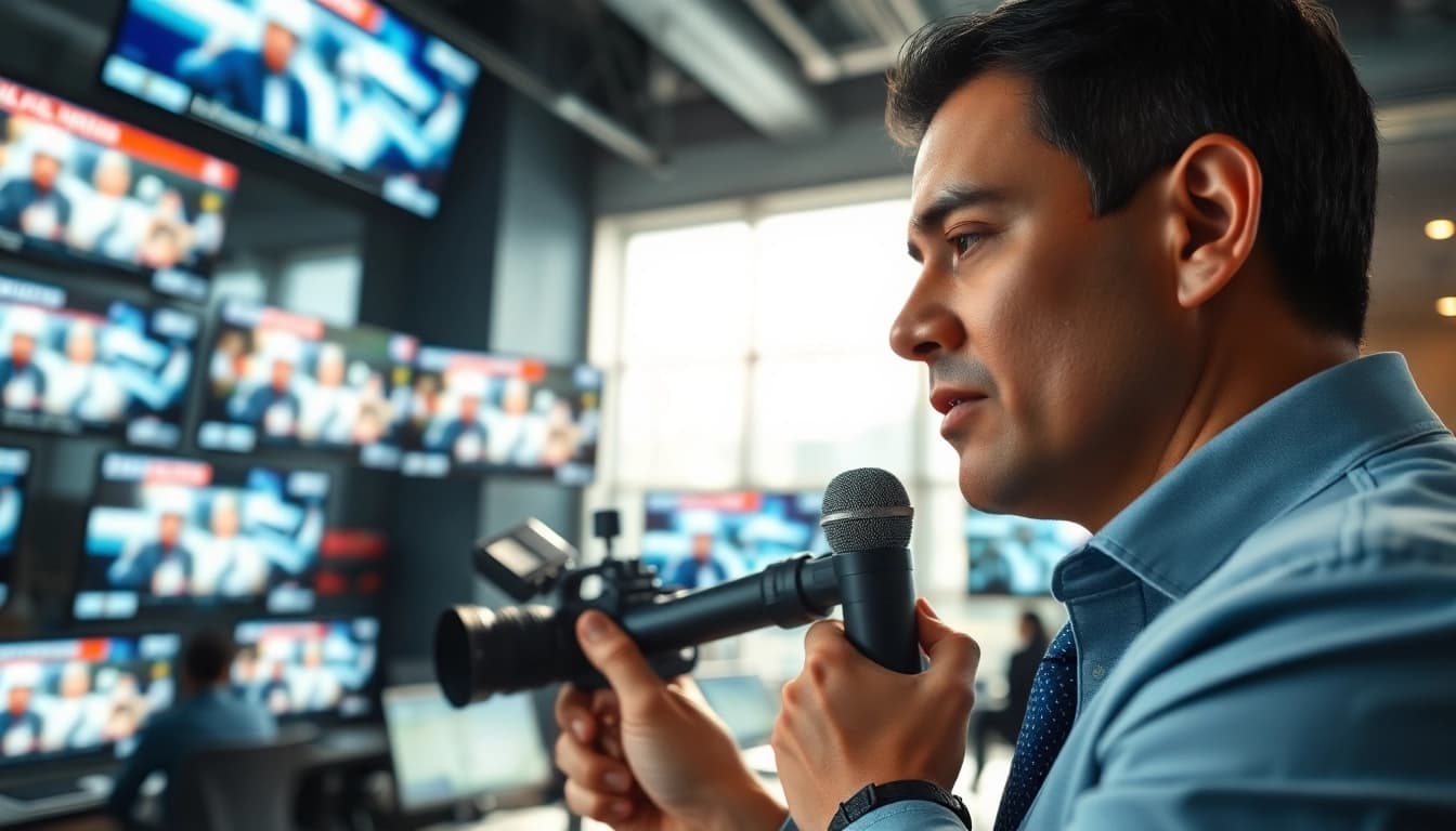 Journalist delivers live news from a modern newsroom with engaging screens.