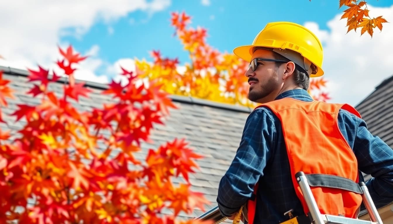 Roof repair expert examining a residential roof with safety gear and tools.