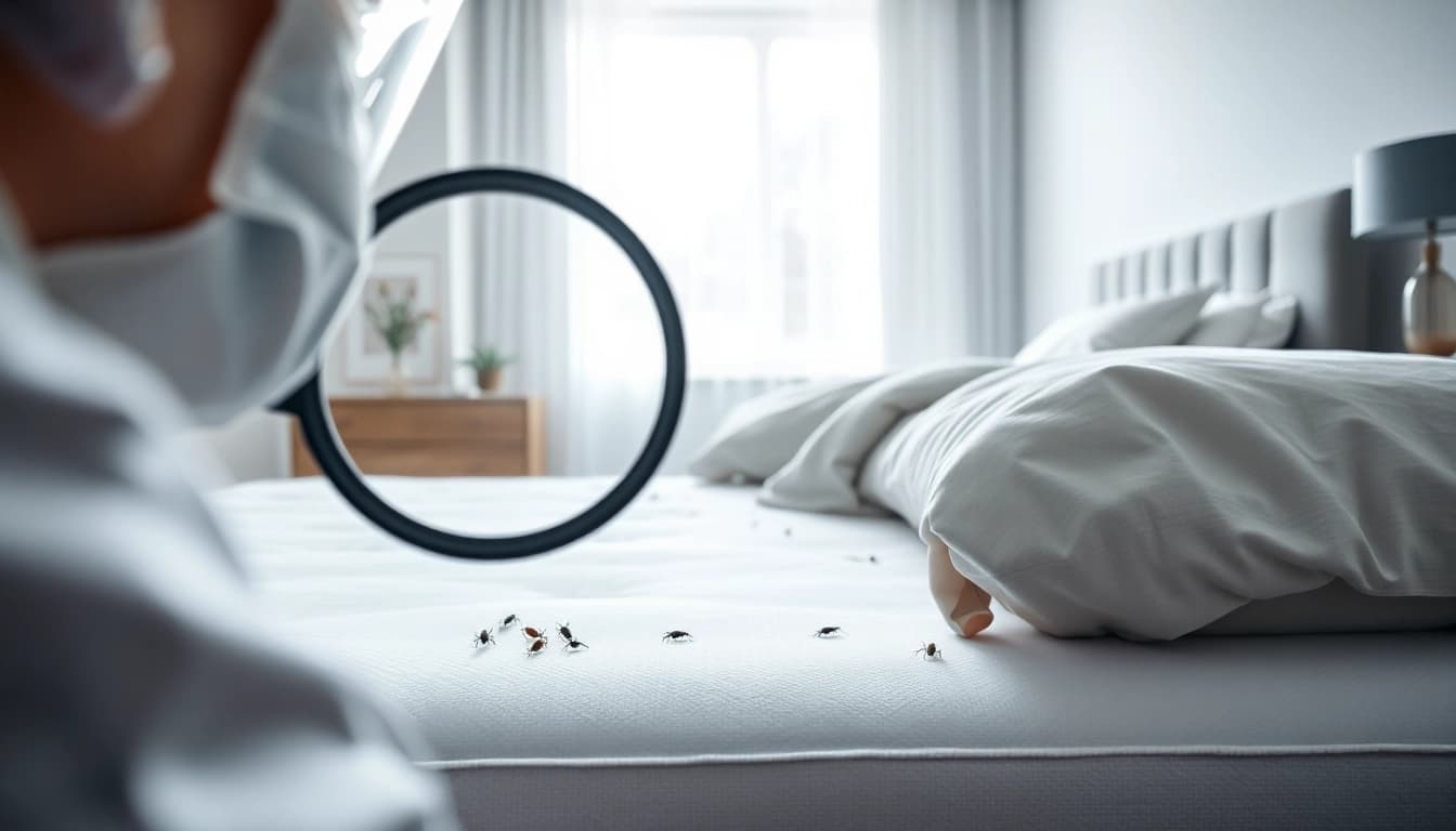 Secure and effective bedbugs exterminator near me actively inspecting a mattress for pest removal.