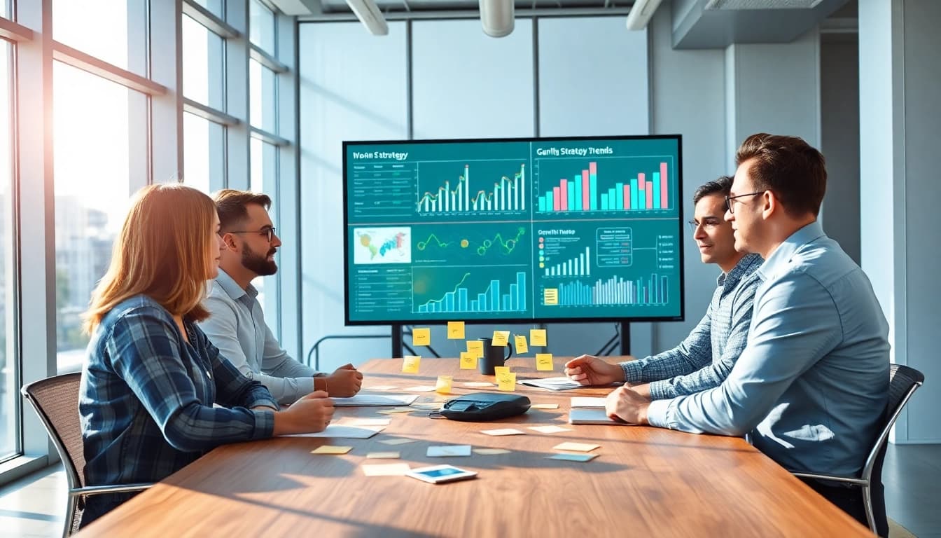 Analyze growth strategy trends through collaborative office discussions featuring diverse professionals.