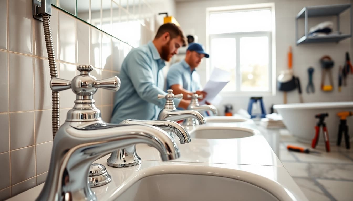 Die sonni sanitär GmbH bei der Installation moderner Badezimmerarmaturen durch Fachtechniker.