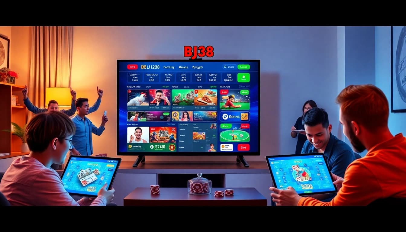 BJ38 online betting platform interface showcasing sports and casino games, vibrant and engaging design.
