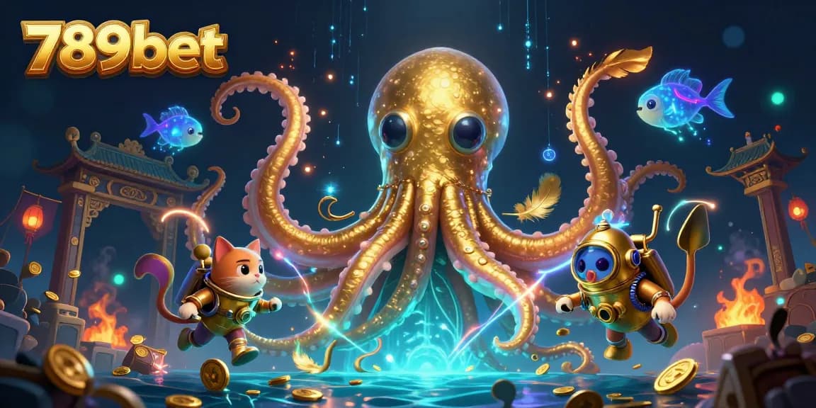Join the thrilling adventure at 789bet with a kraken and diving cat in a vibrant casino underwater scene.