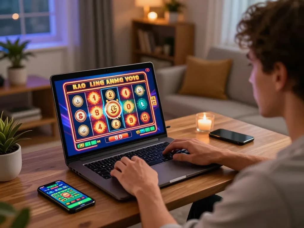 Player engaging on slot deposit 2rb interface while enjoying online gaming at home.