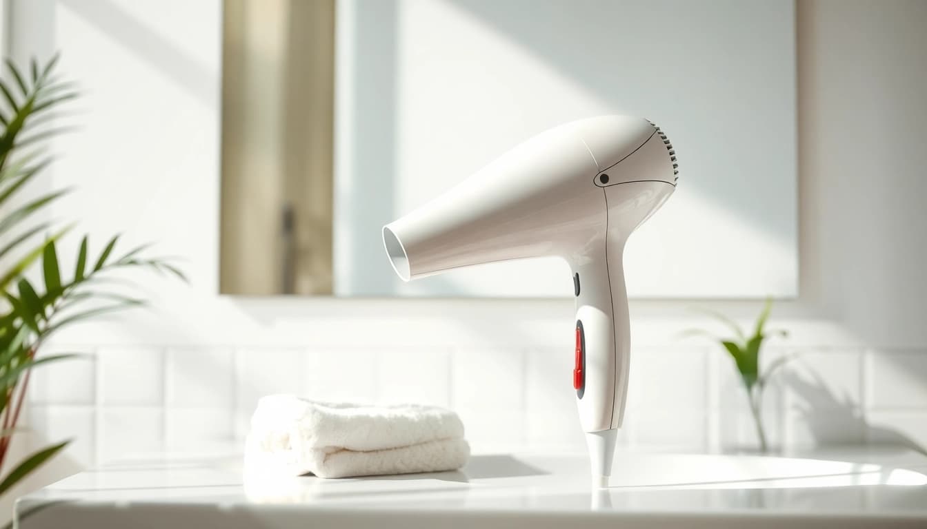 Frizzy hair dryer showcased in a bright bathroom, emphasizing sleek design and modern style.