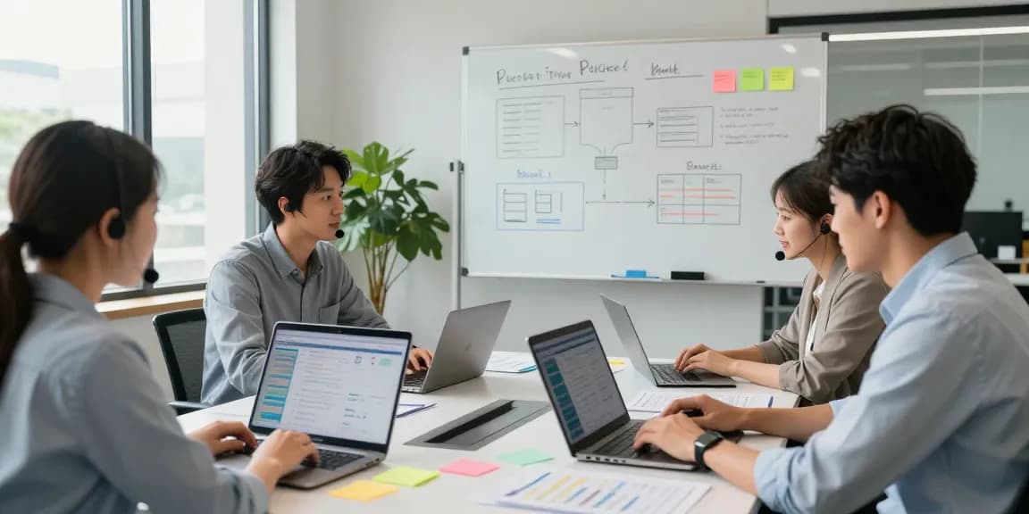 Small business IT support services meeting with professionals discussing strategies in a modern office.