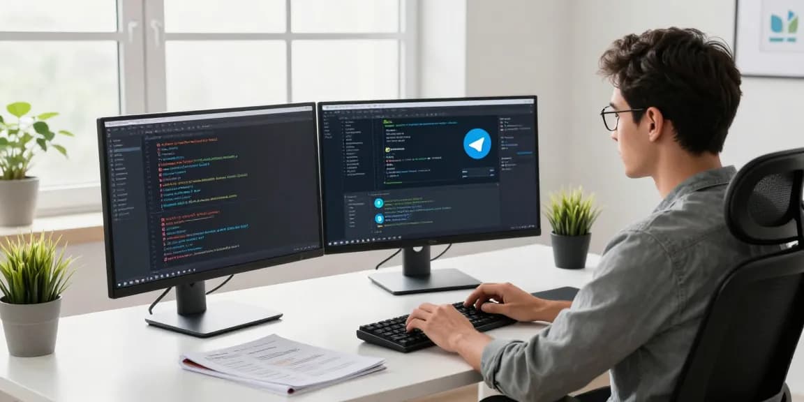Seamless interaction with 纸飞机中文版官网 in a vibrant tech workspace, showcasing a developer at work.