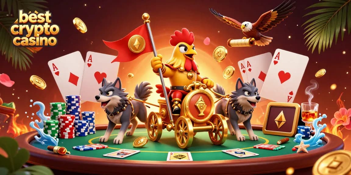 Meilleure crypto casino avec un seigneur coq en guerre sur un char d'or entouré de pièces de monnaie.