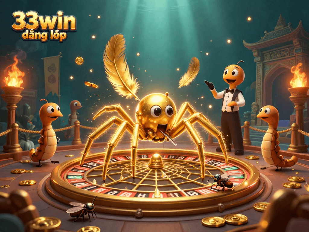 Engage in the thrilling 33win đăng nhập scene with a golden spider hosting bets, showcasing vibrant casino elements.