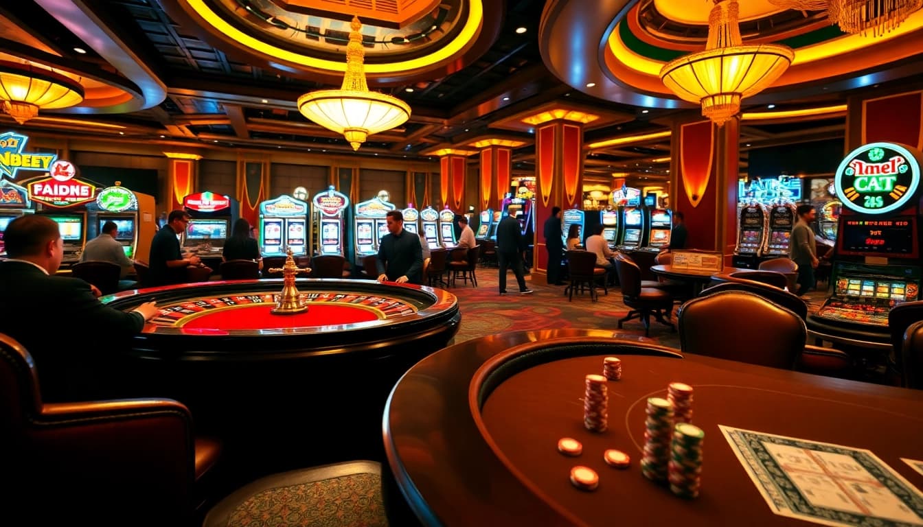 b52club players enjoying a vibrant casino atmosphere with roulette, poker, and slot machines.