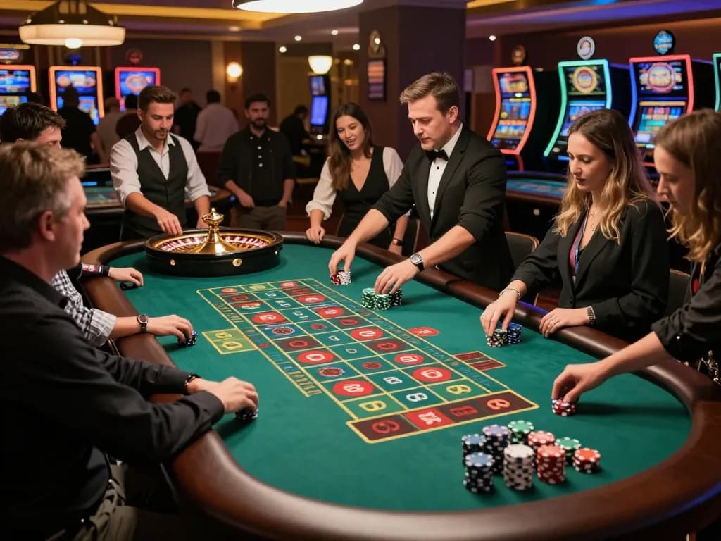 Players placing bets at a vibrant roulette table, showcasing 5699 themed gaming excitement.