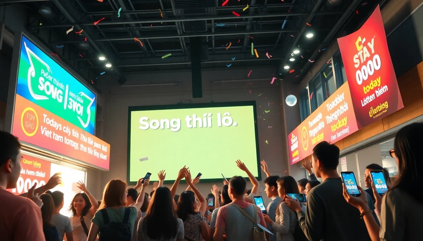 Joyful people celebrating lottery results for Song thủ lô with colorful decorations.
