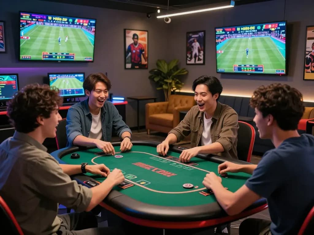 Gathering of friends enjoying the casino hubet88 experience with live sports betting screens and gaming decor.