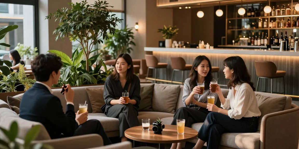 강남 멀리건에서 편안하게 대화하는 사람들과 세련된 인테리어.