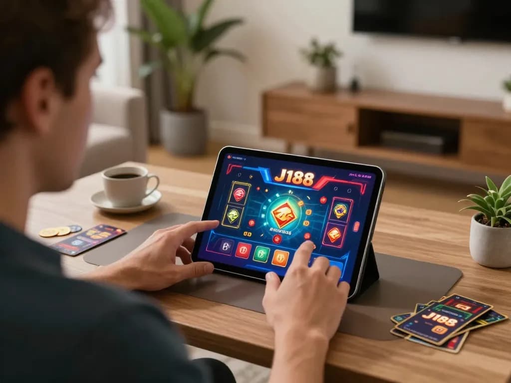 Engaging with J188 đăng ký while playing online casino games in a cozy living room setup.