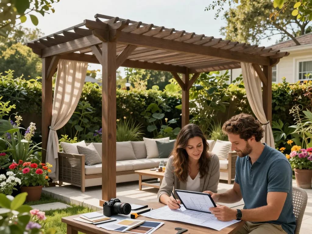 Explore pergola 3D planner in a vibrant outdoor setting with couple designing their custom pergola.