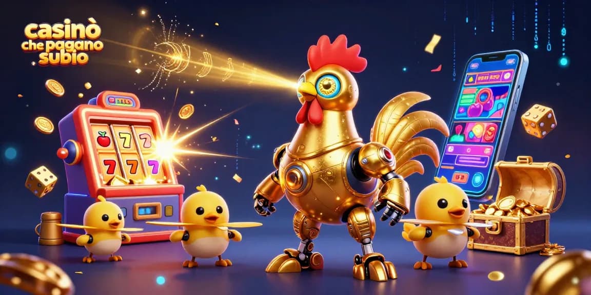 Casinò che pagano subito: il robot gallo d'oro e droni alla ricerca di jackpot e vincite rapide.