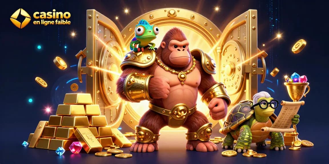 Jouez dans un casino en ligne fiable, entouré de trésors et de personnages animés illustrant des opportunités de gains.