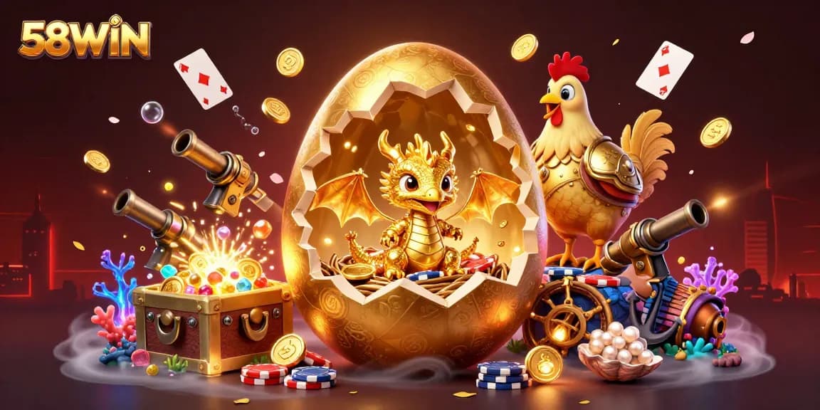 Experience epic wins at 58WIN with a golden dragon and poker chips in a vibrant casino scene.