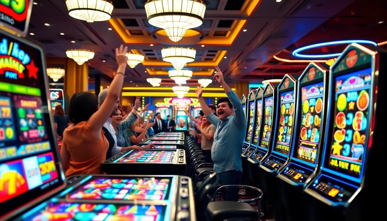 Menggambarkan bandar slot yang penuh warna di kasino yang ramai dengan pemain bersorak.